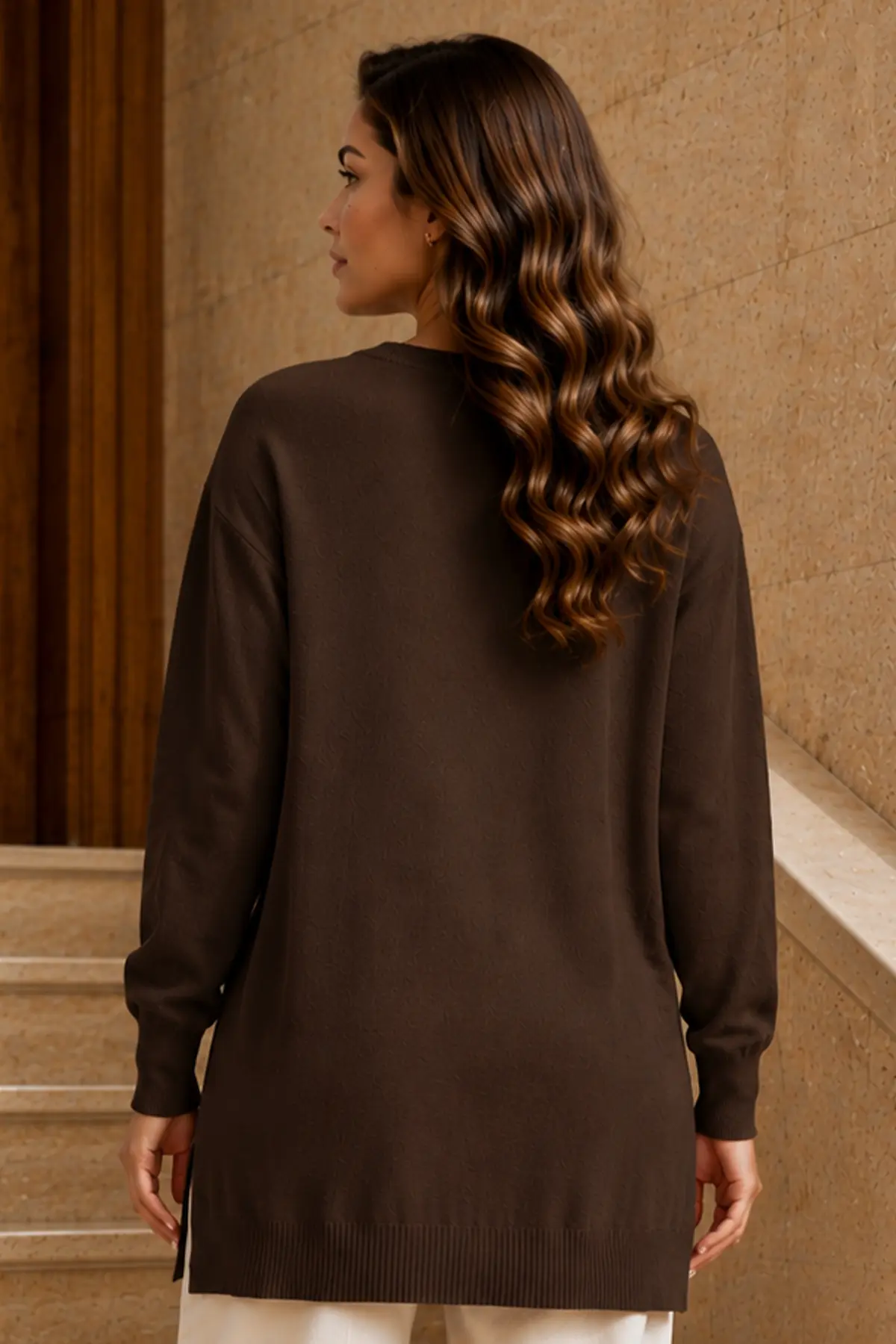 Patterned Mercerized Knit Tunic N3385 Brown-detail