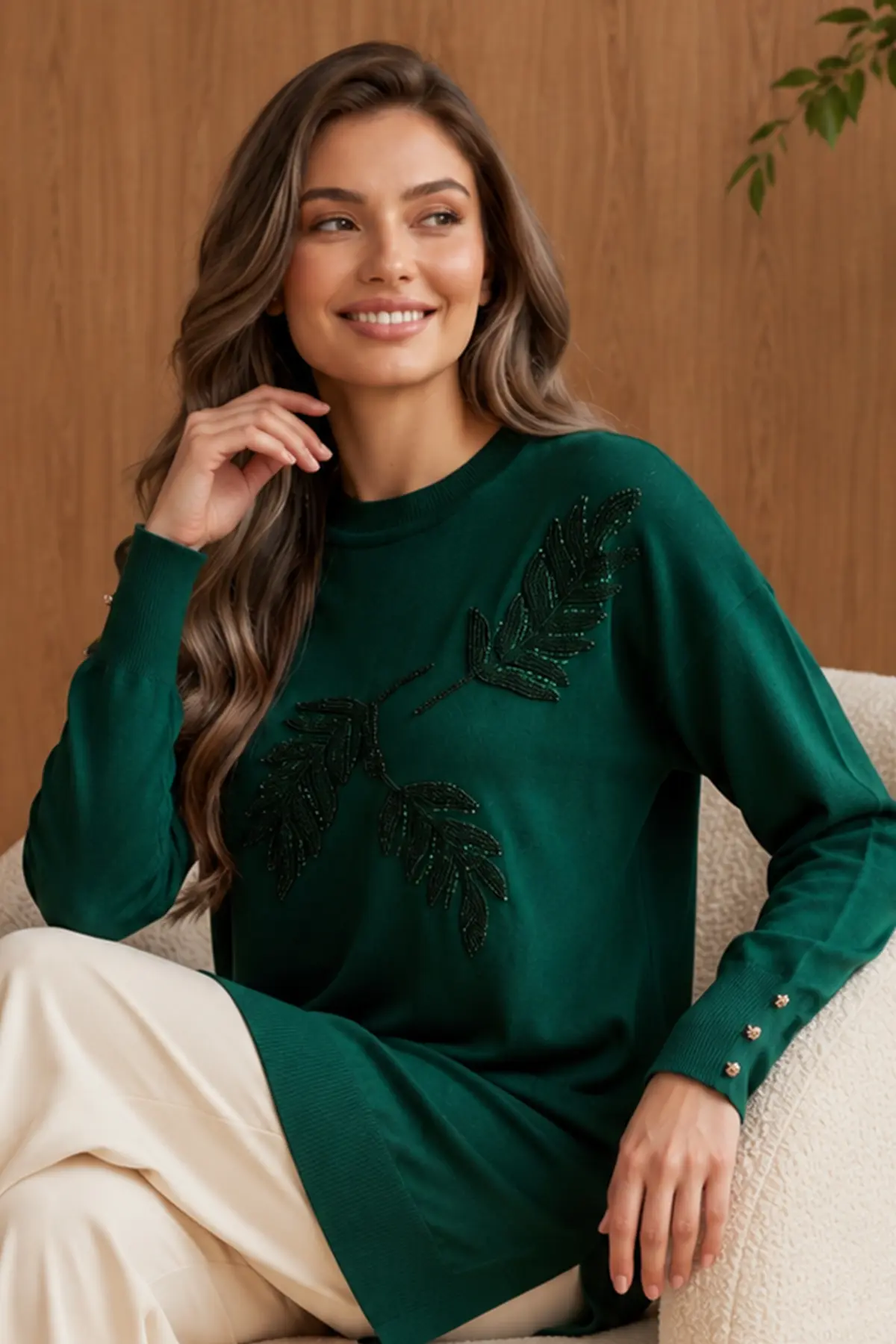 Patterned Mercerized Knit Tunic N3385 Emerald Green-detail