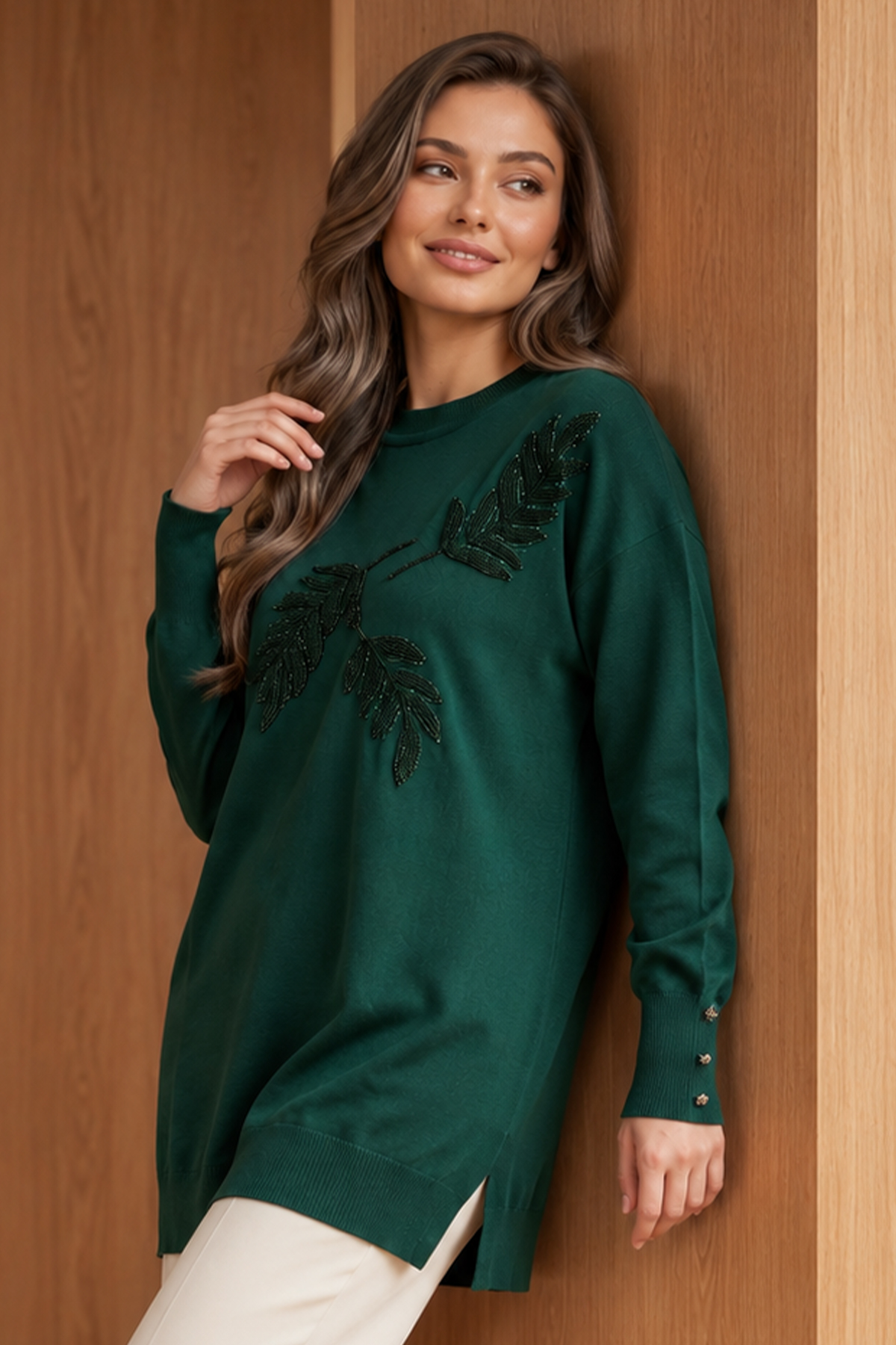 Patterned Mercerized Knit Tunic N3385 Emerald Green