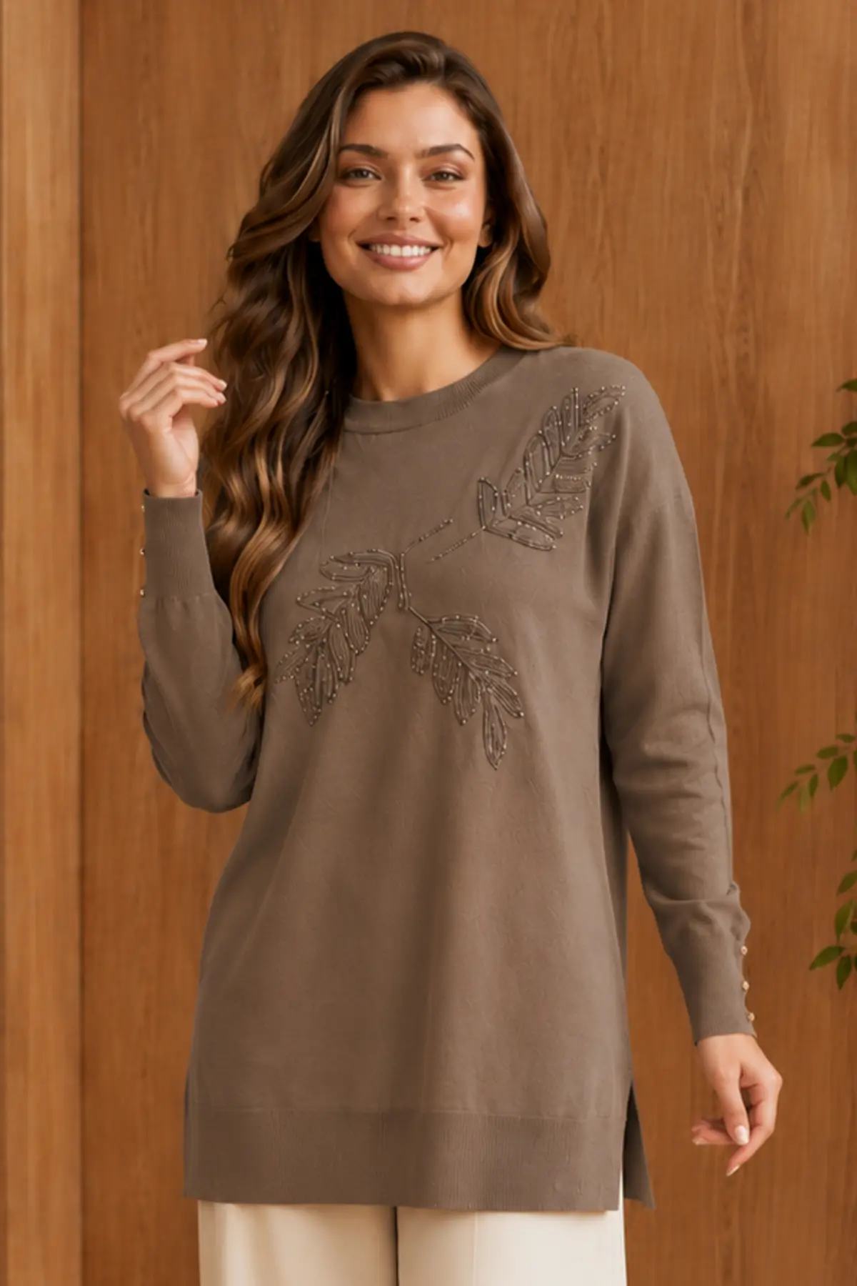 Patterned Mercerized Knit Tunic N3385 Mink-detail