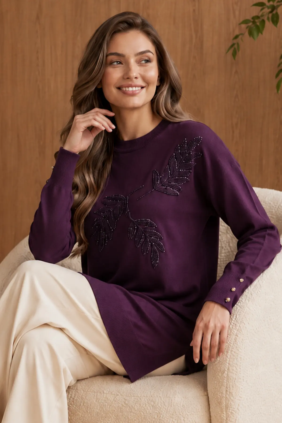 Patterned Mercerized Knit Tunic N3385 Plum-detail