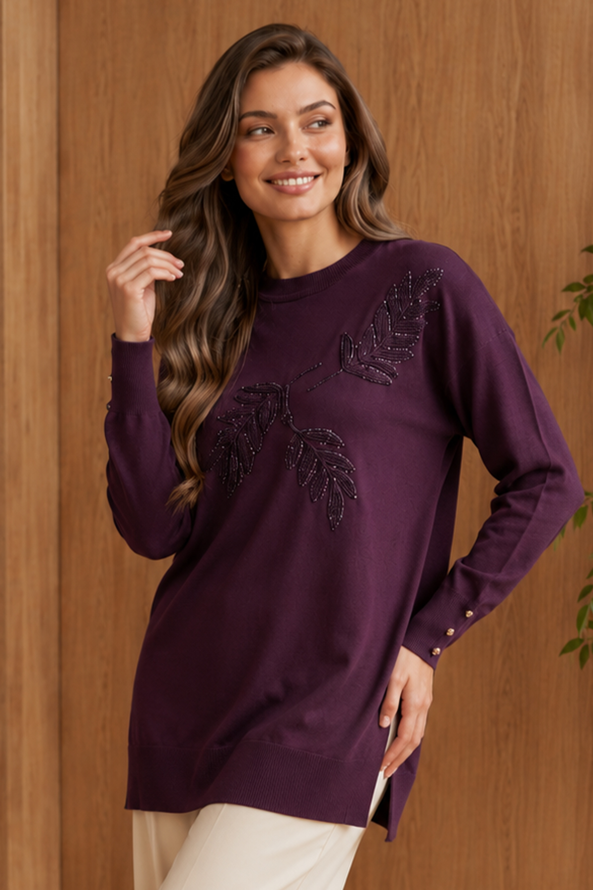 Patterned Mercerized Knit Tunic N3385 Plum