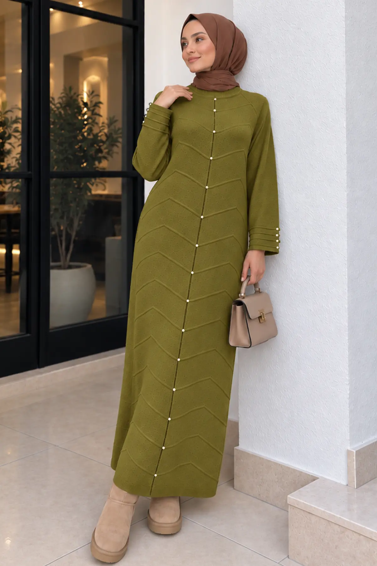 Patterned-sleeve Knit Dress K3070 Olive Green-detail