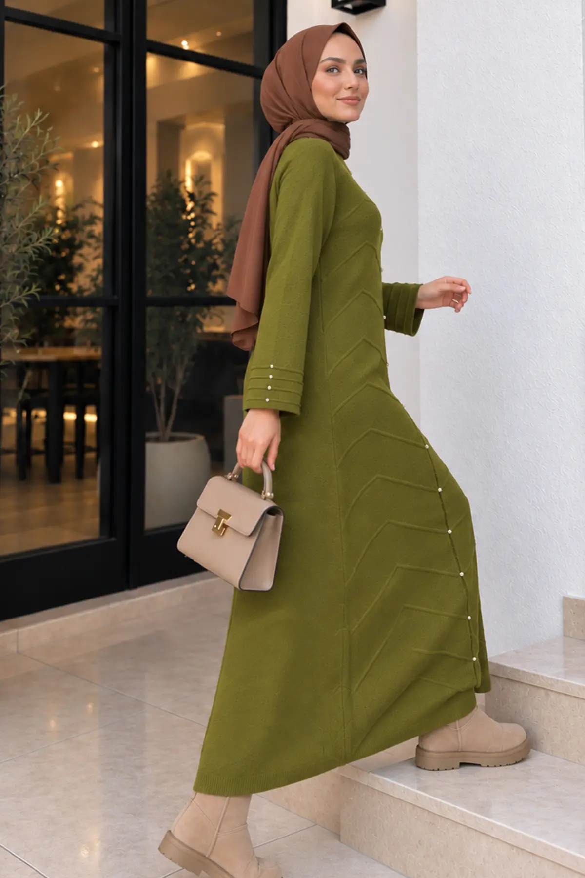 Patterned-sleeve Knit Dress K3070 Olive Green-detail