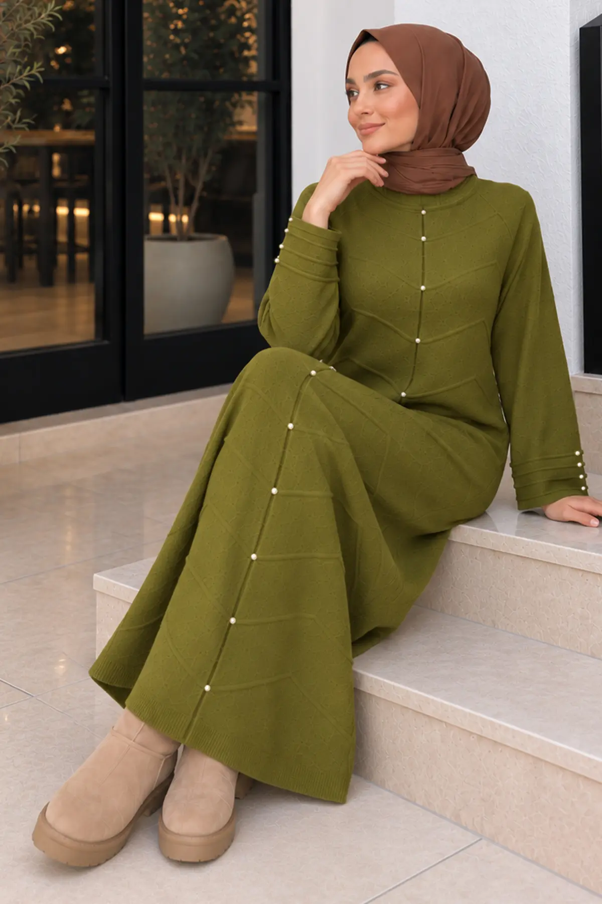 Patterned-sleeve Knit Dress K3070 Olive Green-detail