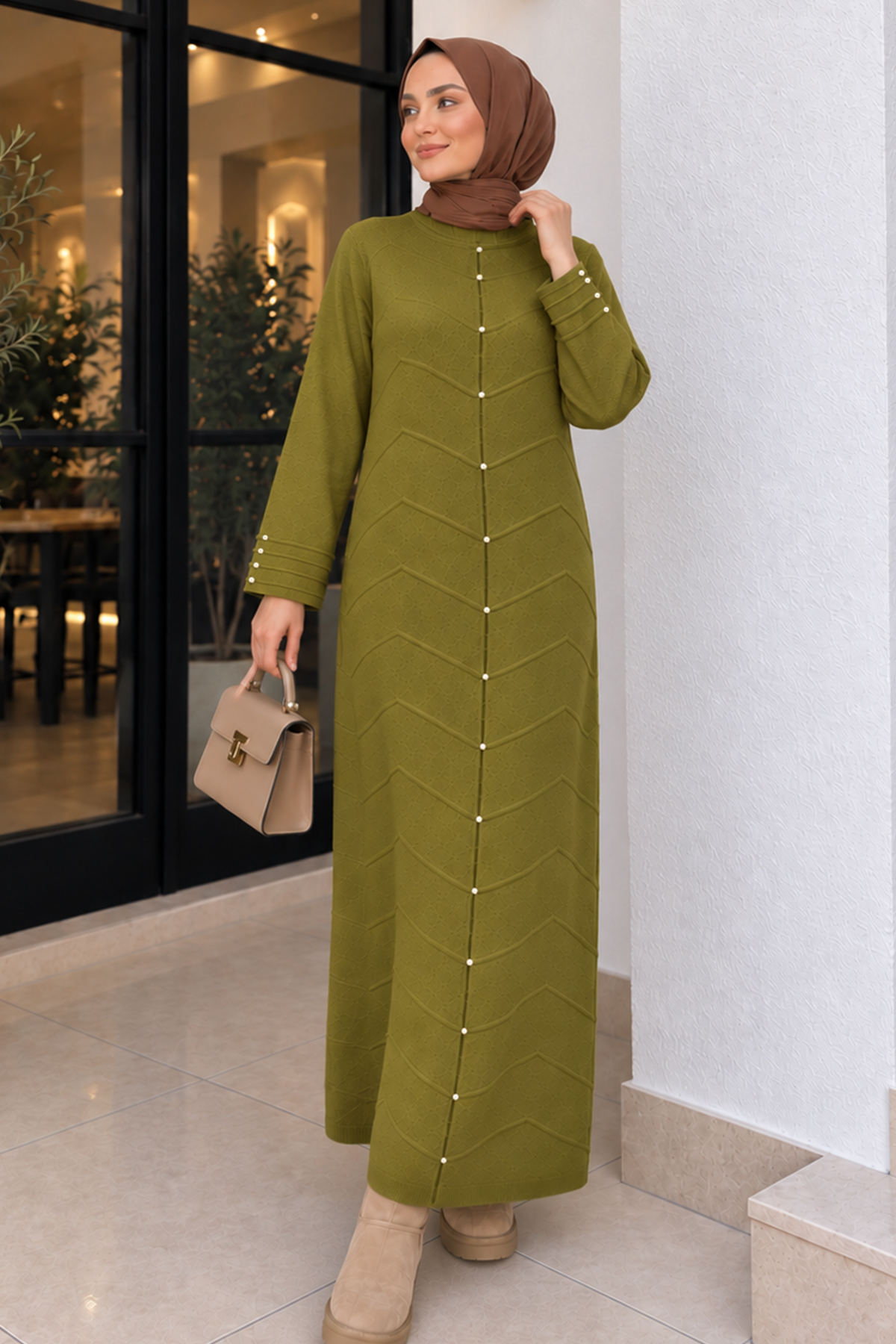 Patterned-sleeve Knit Dress K3070 Olive Green
