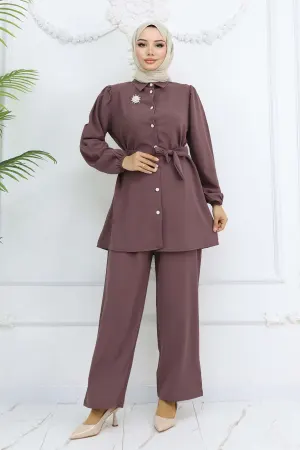 Pearl Brooch Belted Two Piece Suit