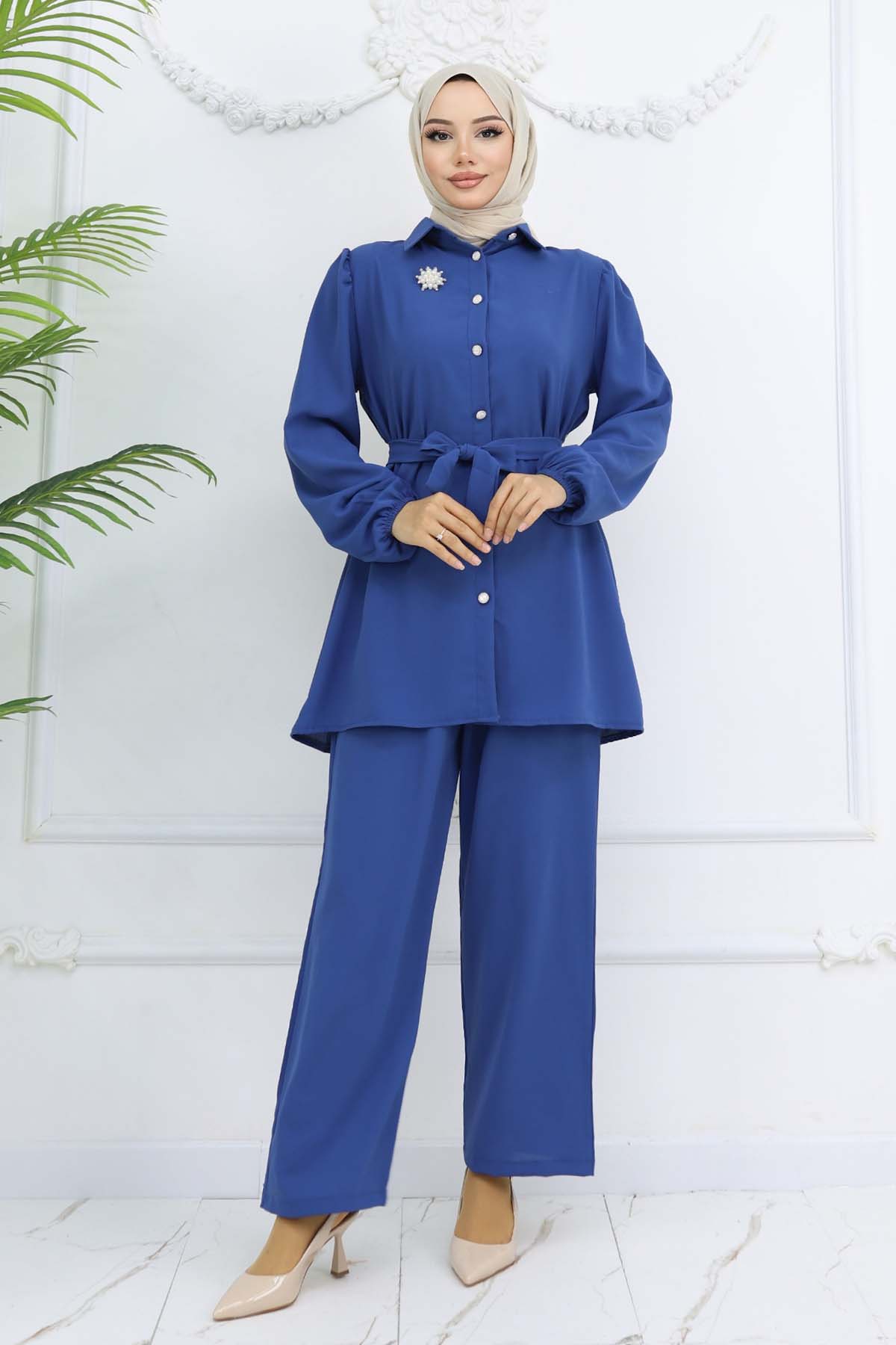 Pearl Brooch Belted Two Piece Suit