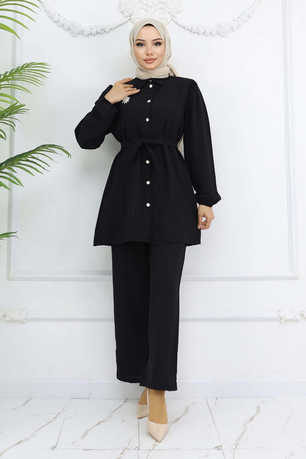 Pearl Brooch Belted Two Piece Suit