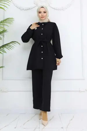 Pearl Brooch Belted Two Piece Suit