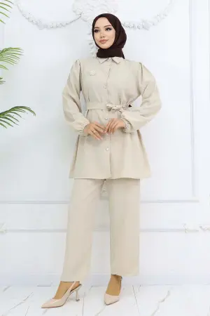 Pearl Brooch Belted Two Piece Suit