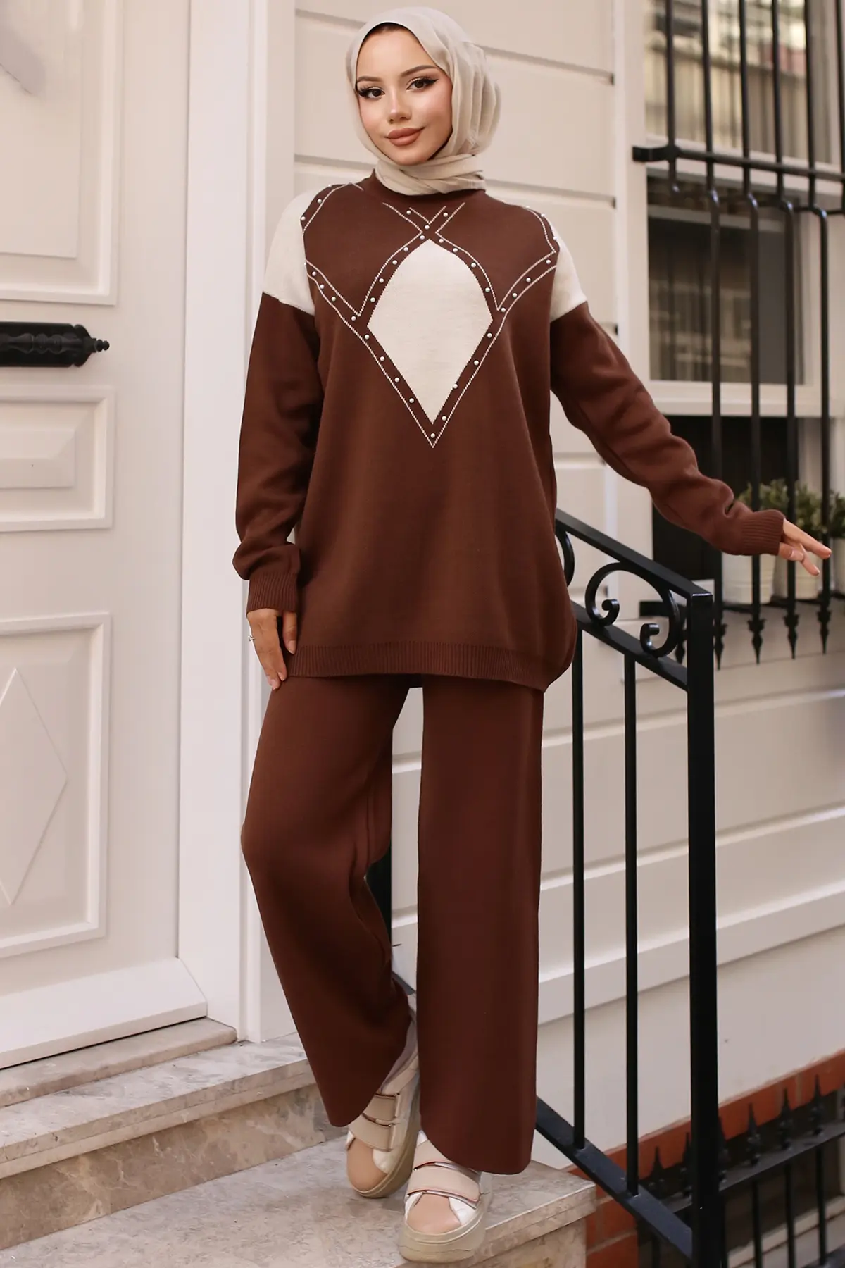 Pearl Detailed Diamond Patterned Knitwear Set