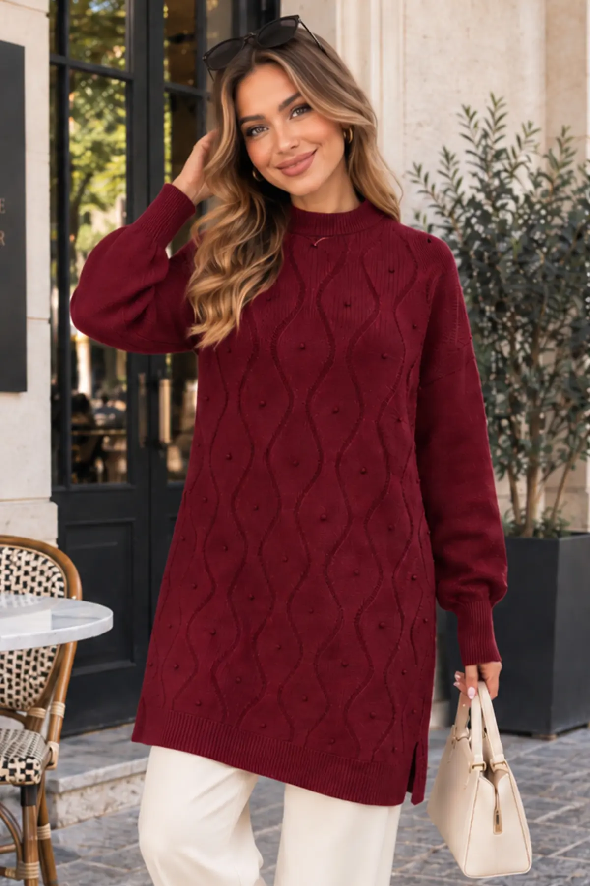 Pearl-embellished Knit Sweater K6036 Burgundy-detail