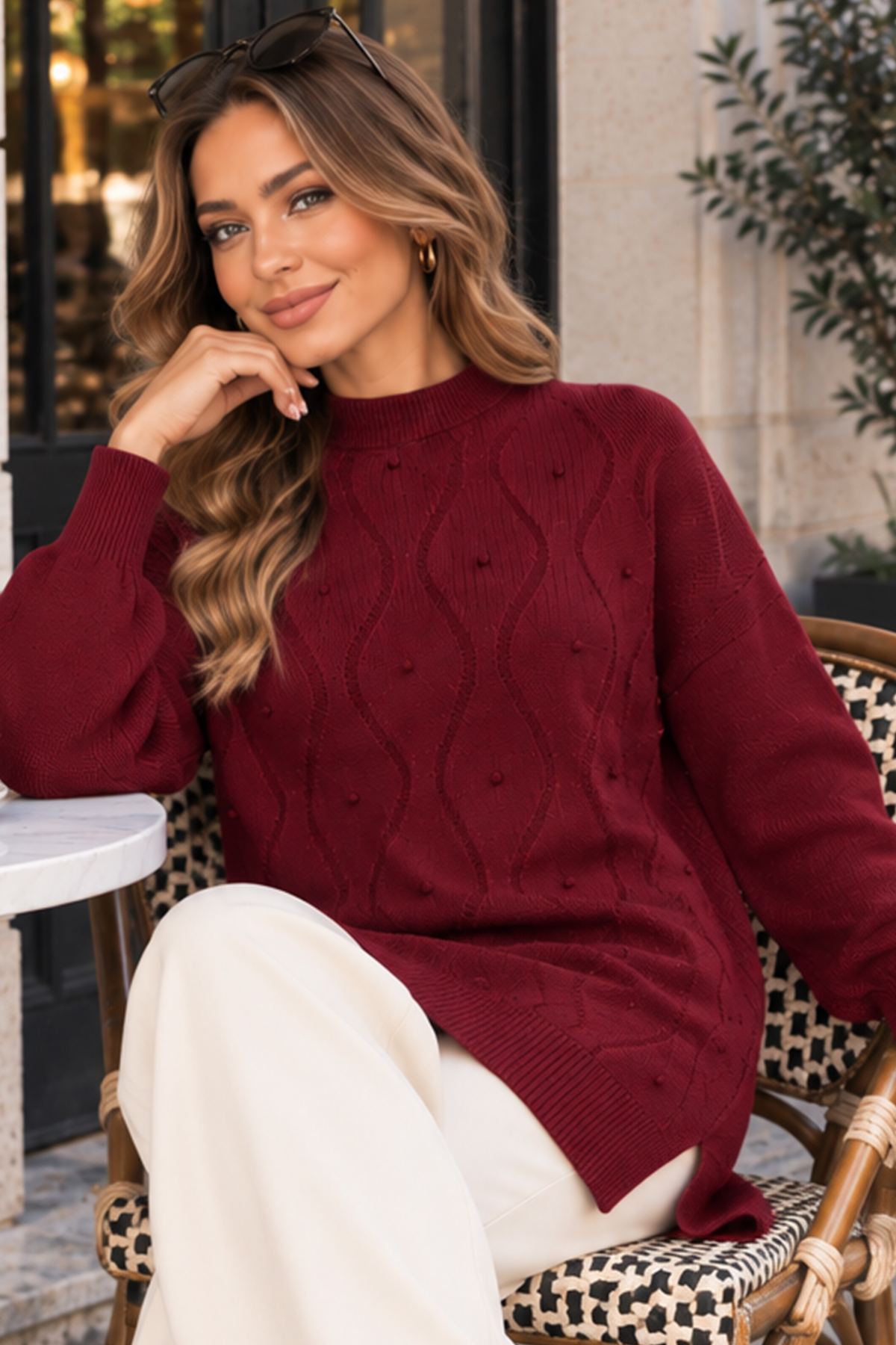 Pearl-embellished Knit Sweater K6036 Burgundy