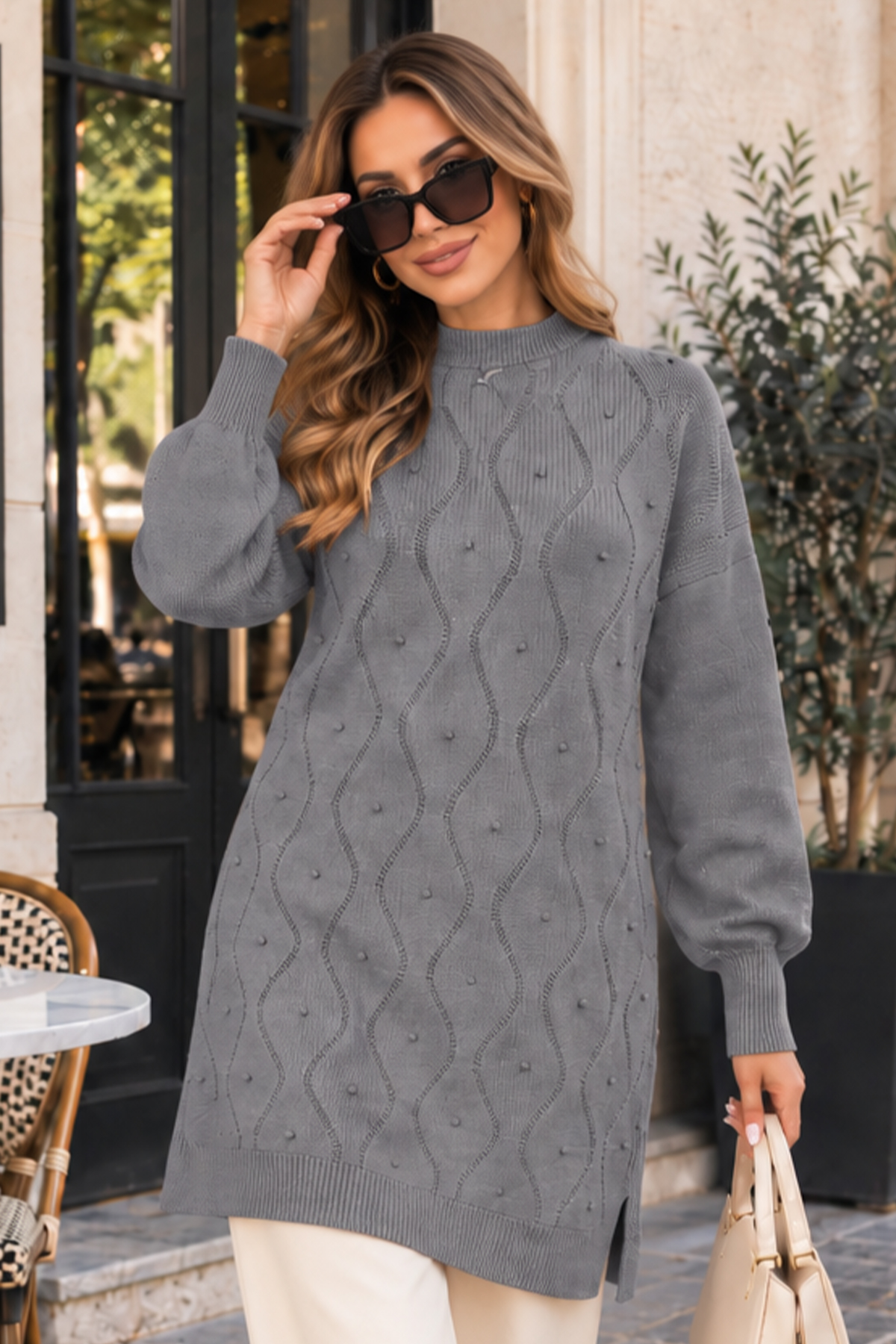 Pearl-embellished Knit Sweater K6036 Grey