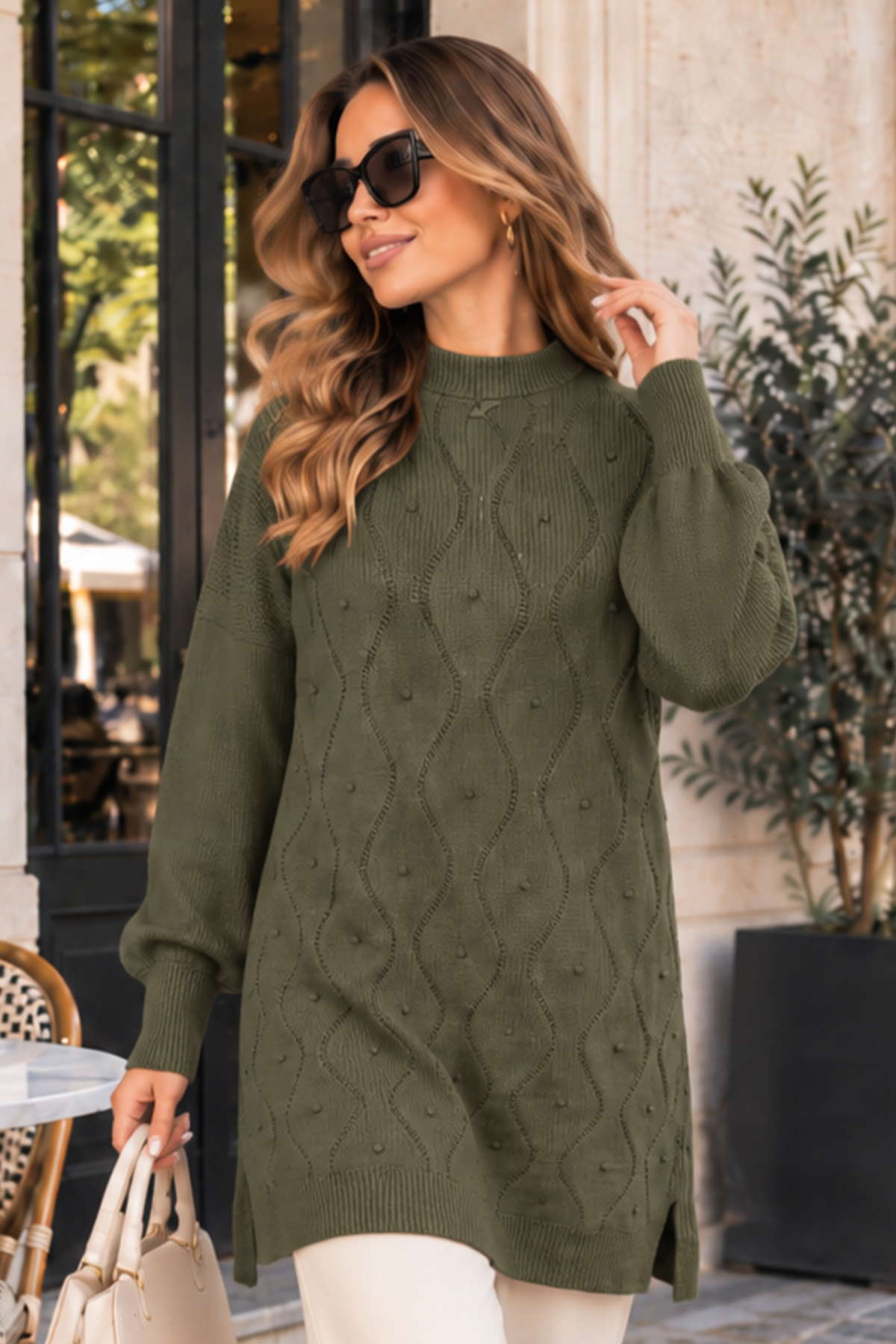 Pearl-embellished Knit Sweater K6036 Khaki
