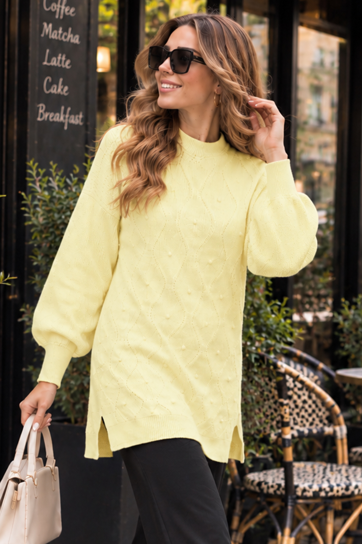 Pearl-embellished Knit Sweater K6036 Lemon Yellow