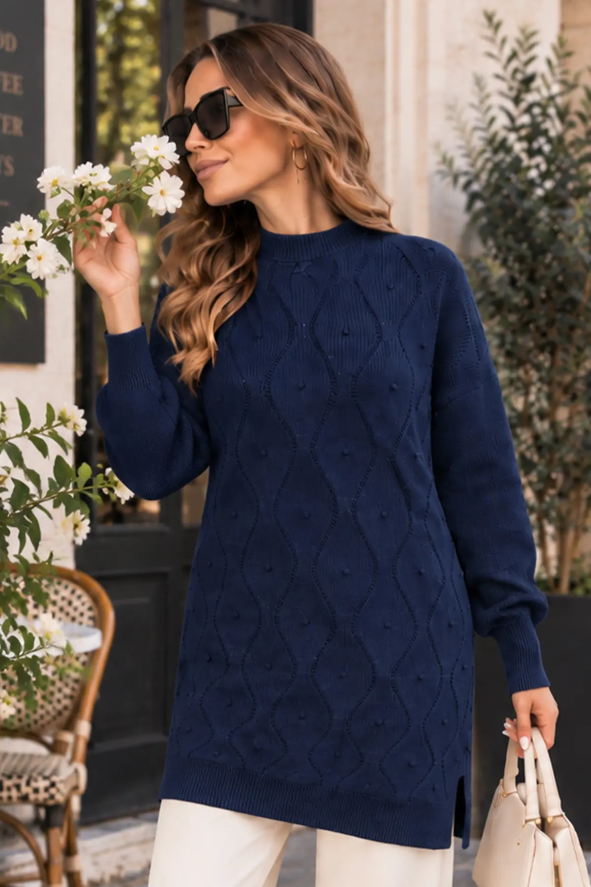 Pearl-embellished Knit Sweater K6036 Navy Blue-detail