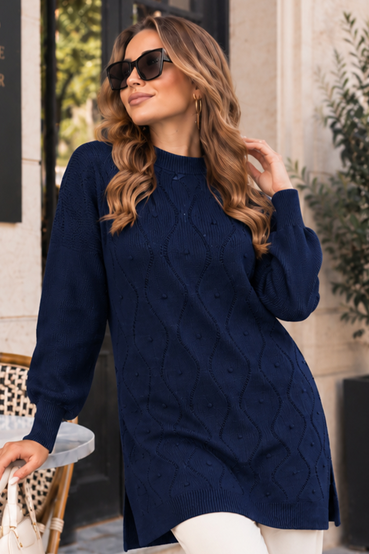 Pearl-embellished Knit Sweater K6036 Navy Blue