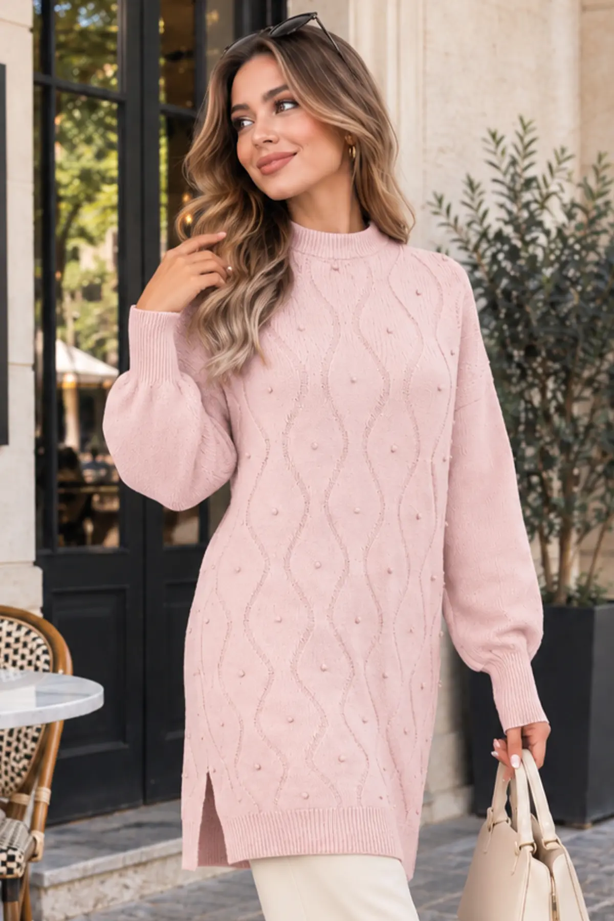 Pearl-embellished Knit Sweater K6036 Powder Pink-detail