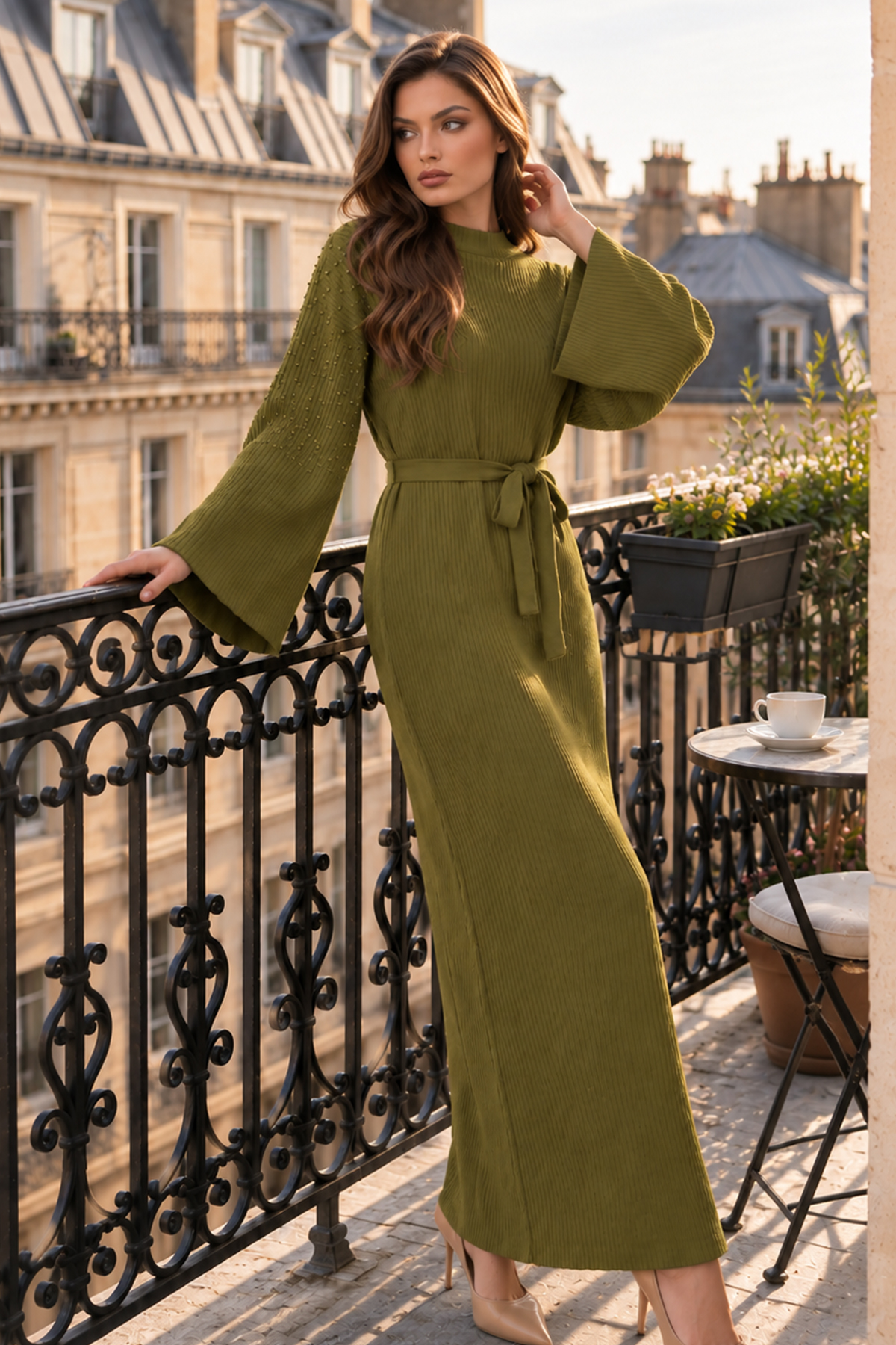 Pearl-embellished Ribbed Knit Dress K3068 Olive Green