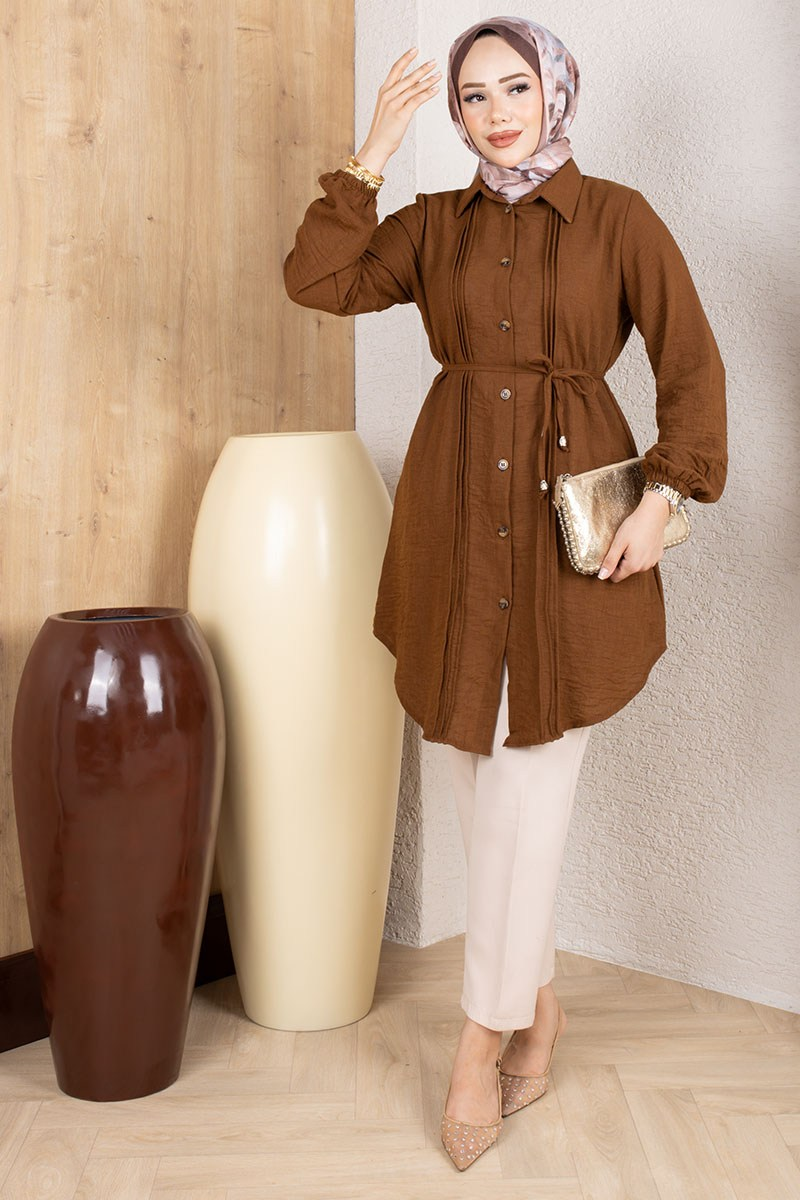 Pintuck Linen Tunic 0177 Brown