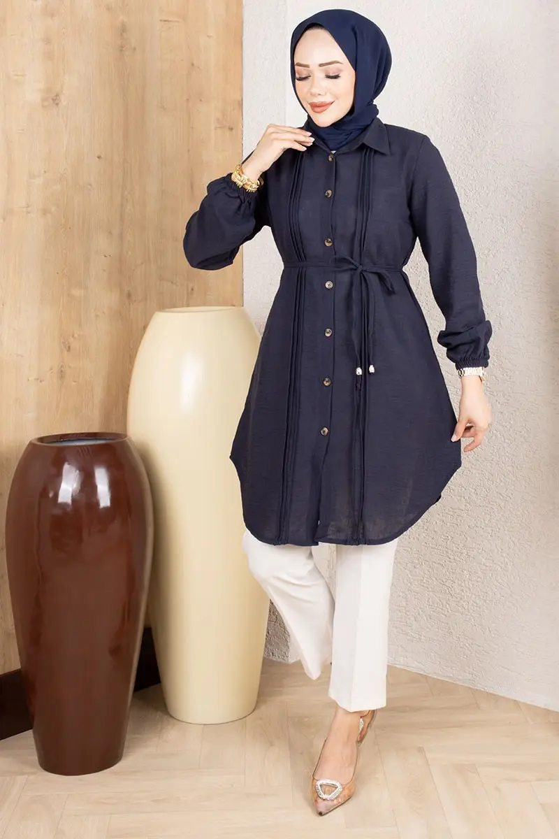 Pintuck Linen Tunic 0177 Navy Blue-detail