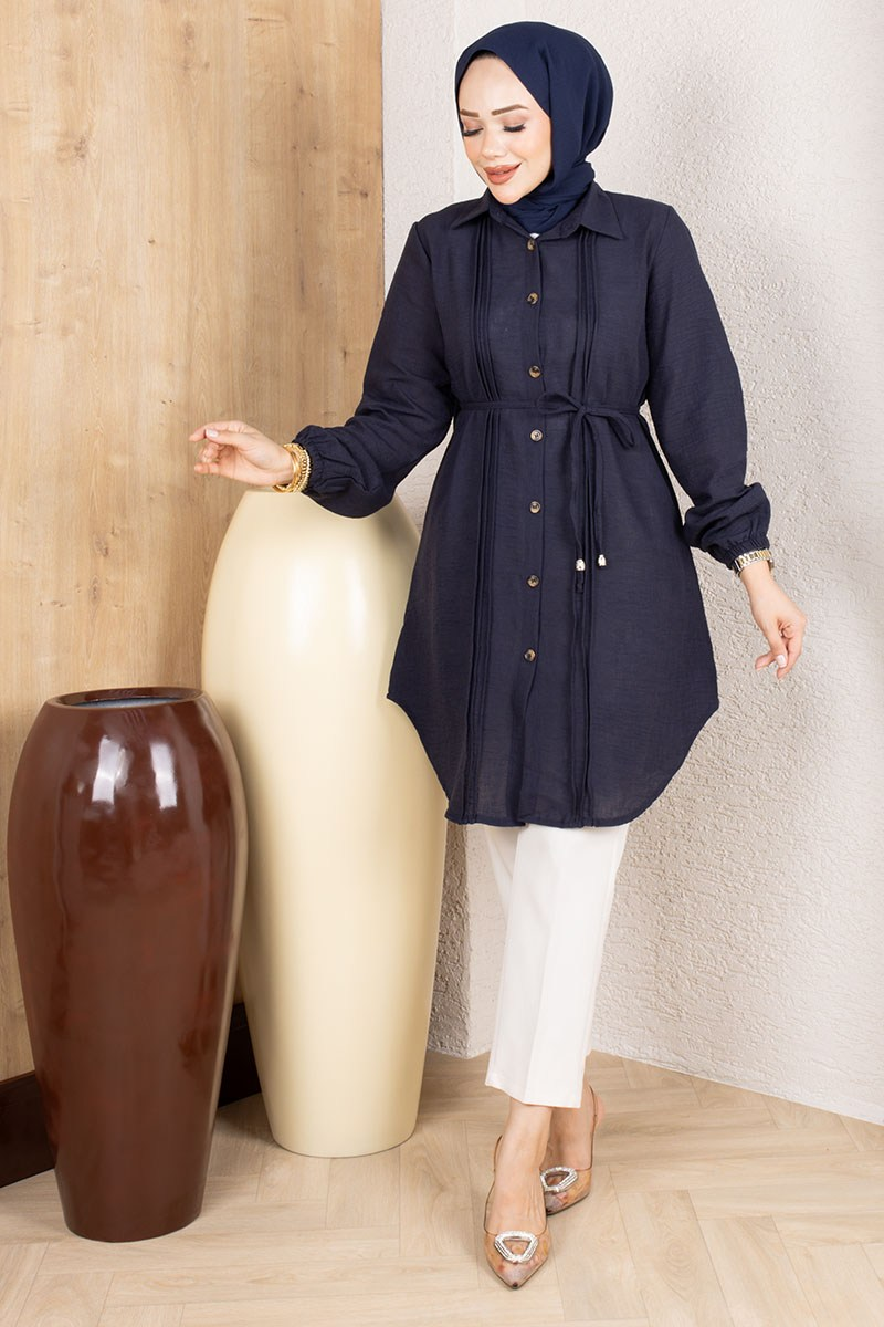 Pintuck Linen Tunic 0177 Navy Blue