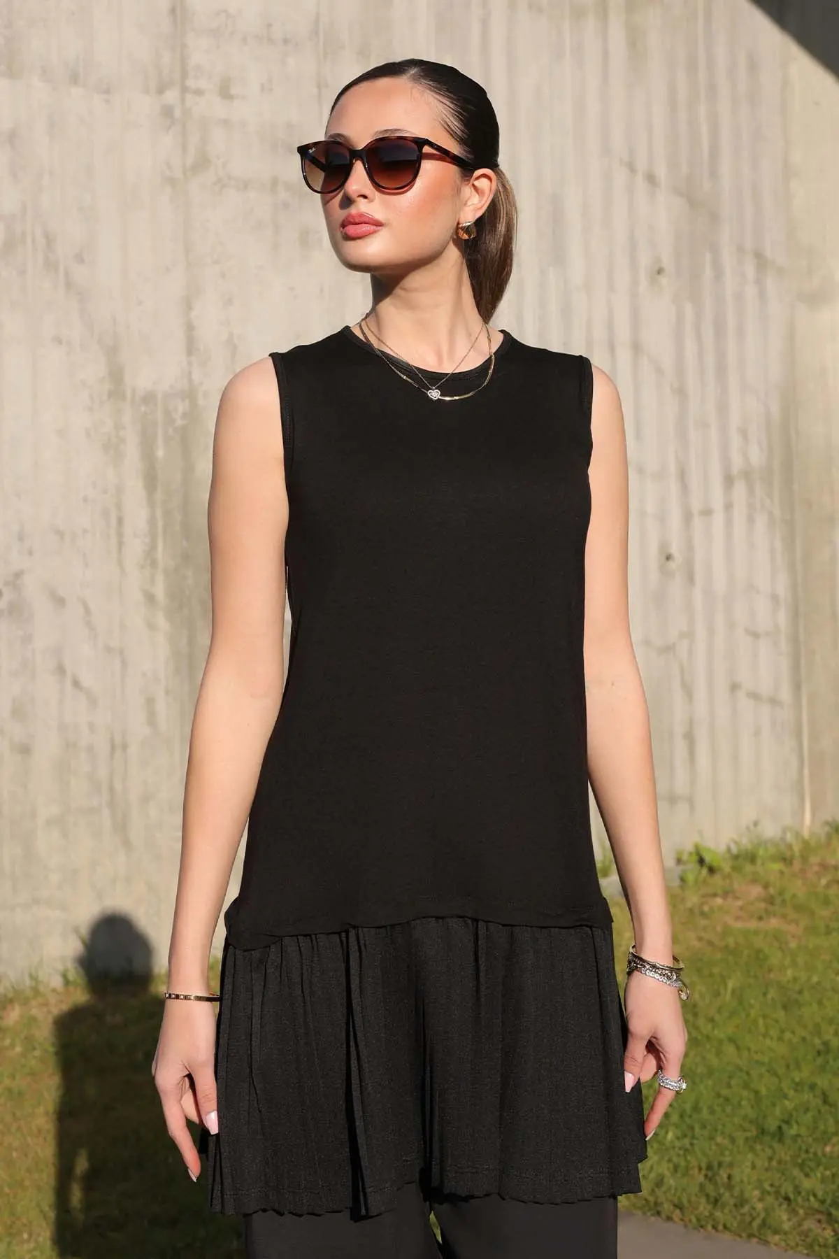 Pleated Sleeveless Combed Cotton Undershirt Tunic-detail