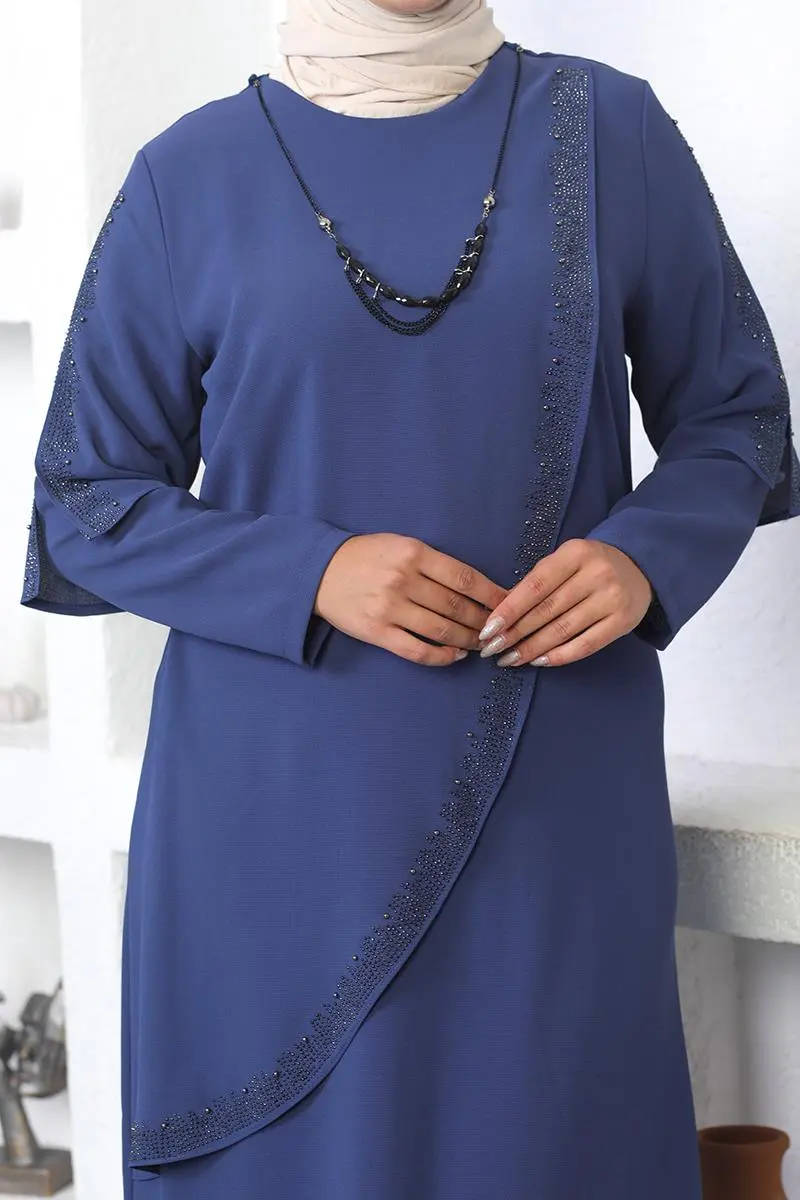 Plus Size Hijab Evening Dress With Necklace-detail