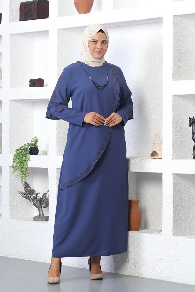 Plus Size Hijab Evening Dress With Necklace-detail