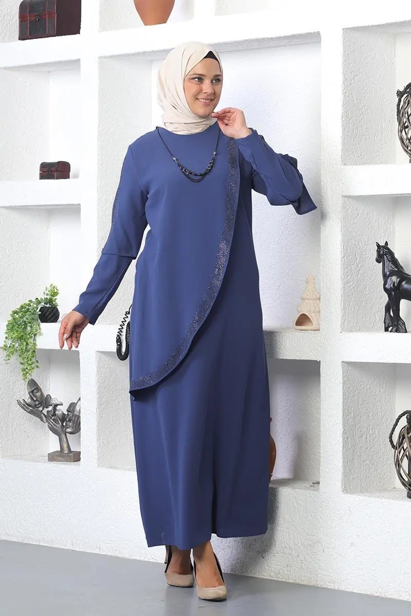 Plus Size Hijab Evening Dress With Necklace-detail