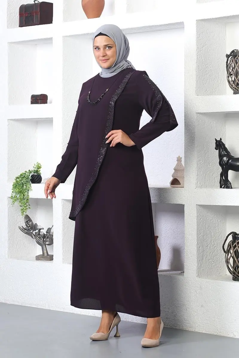 Plus Size Hijab Evening Dress With Necklace-detail