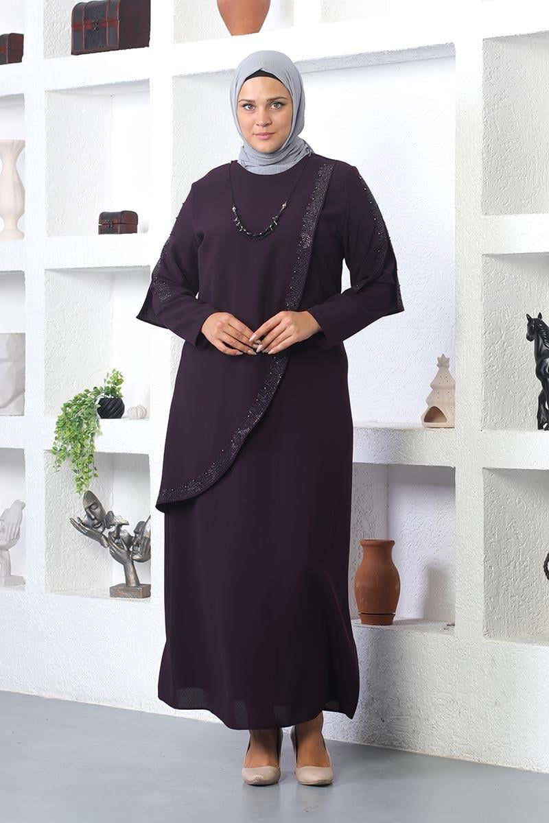 Plus Size Hijab Evening Dress With Necklace