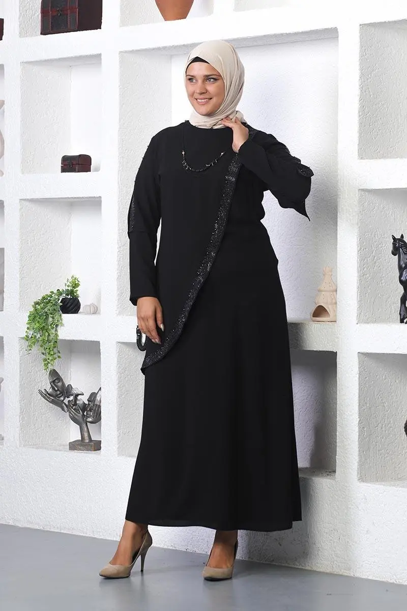 Plus Size Hijab Evening Dress With Necklace-detail