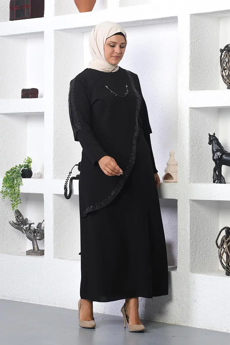 Plus Size Hijab Evening Dress With Necklace-detail