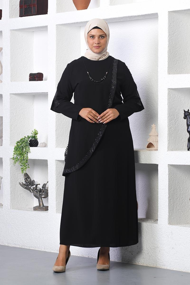 Plus Size Hijab Evening Dress With Necklace