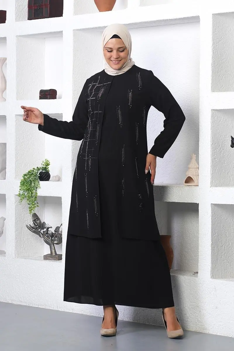 Plus Size Stone Embroidered Evening Dress-detail