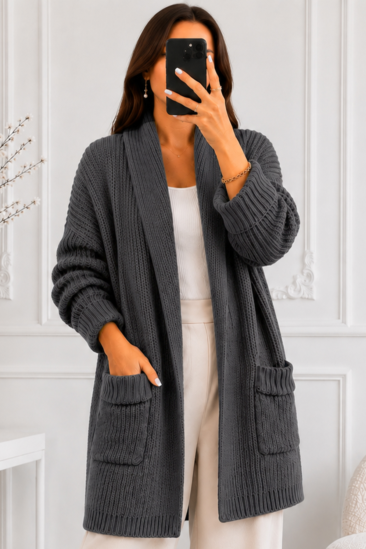 Pocketed Knit Cardigan R4596 Anthracite
