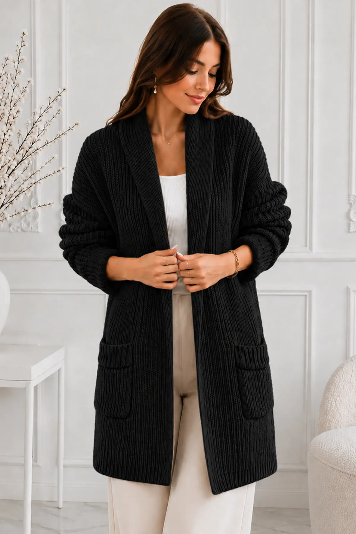 Pocketed Knit Cardigan R4596 Black-detail