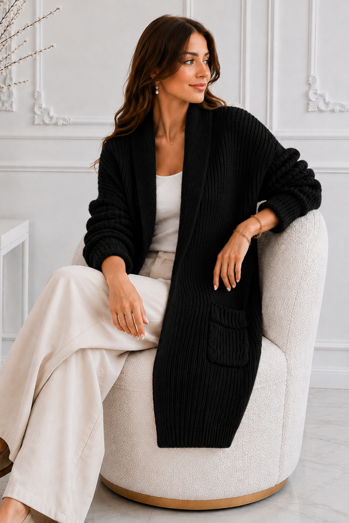Pocketed Knit Cardigan R4596 Black