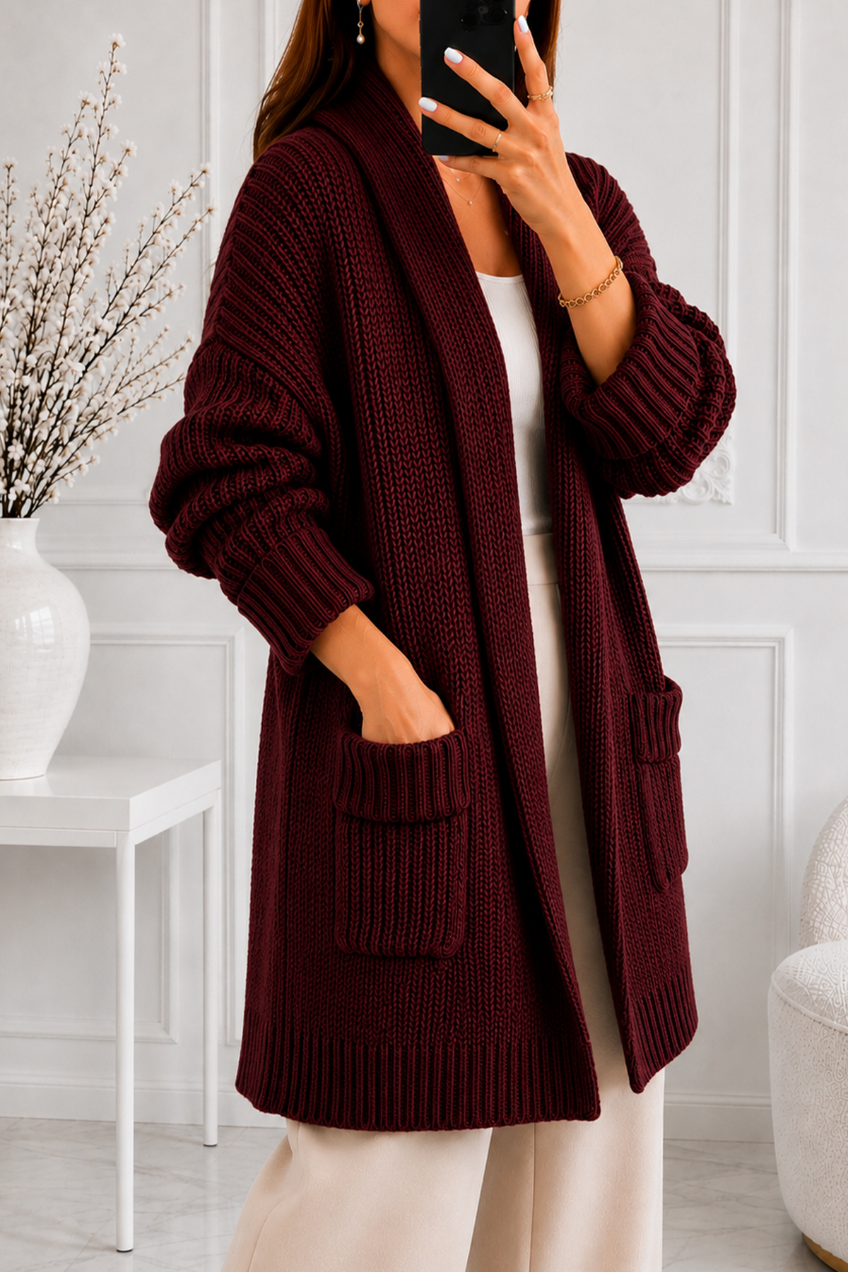 Pocketed Knit Cardigan R4596 Burgundy