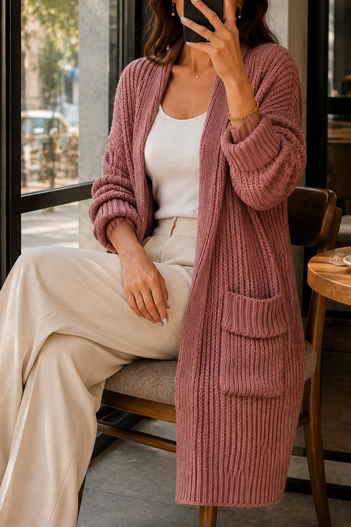 Pocketed Knit Cardigan R4596 Dusty Rose-detail