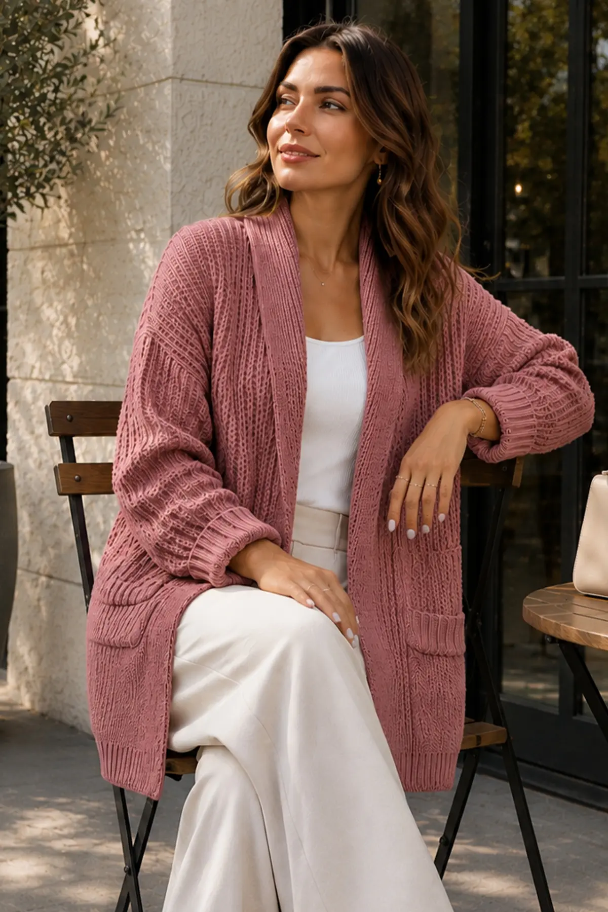 Pocketed Knit Cardigan R4596 Dusty Rose-detail