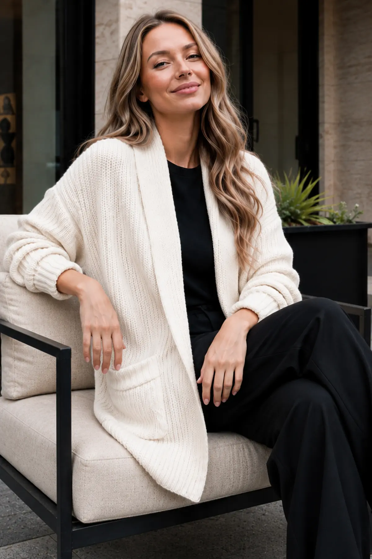 Pocketed Knit Cardigan R4596 Ecru-detail