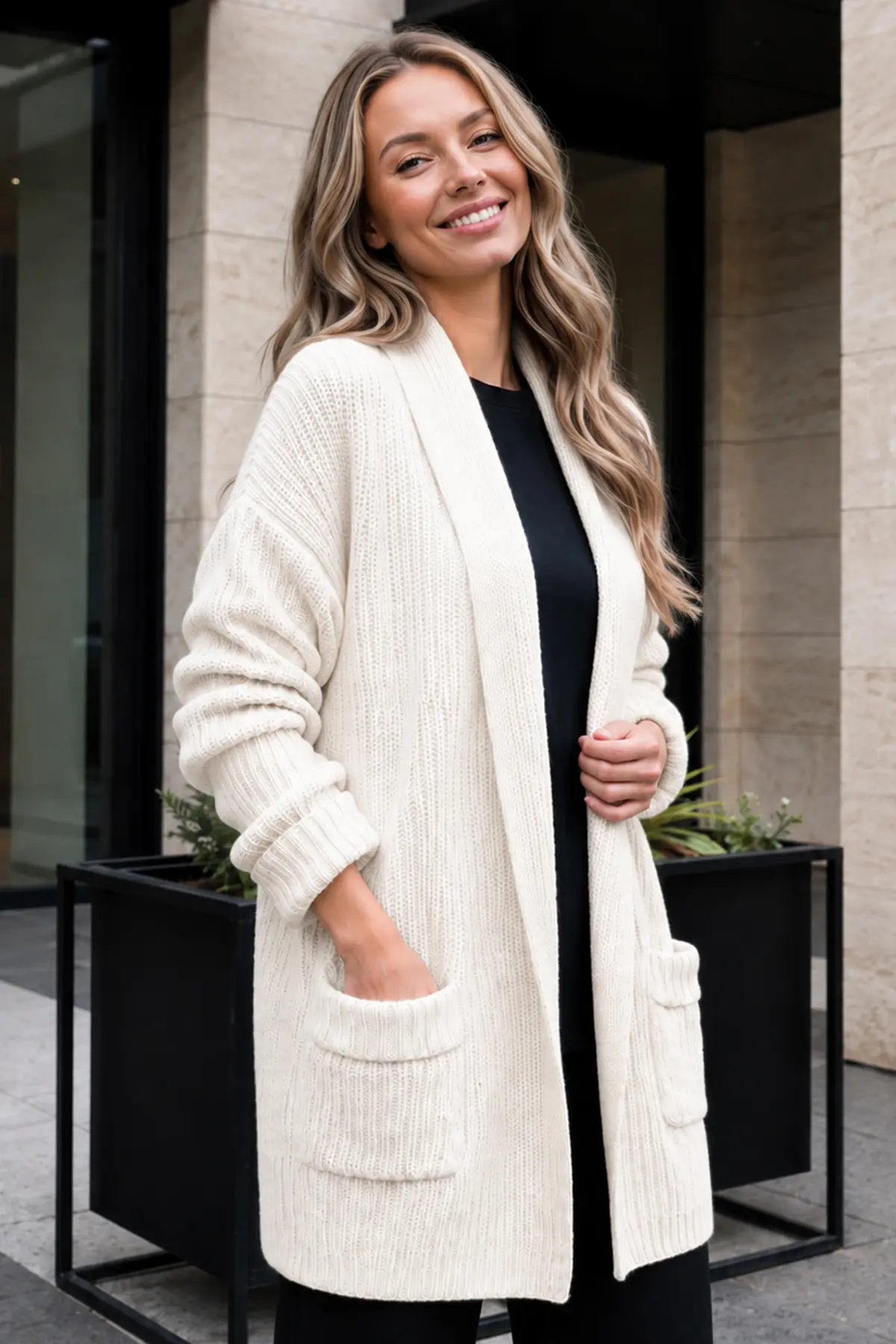 Pocketed Knit Cardigan R4596 Ecru-detail