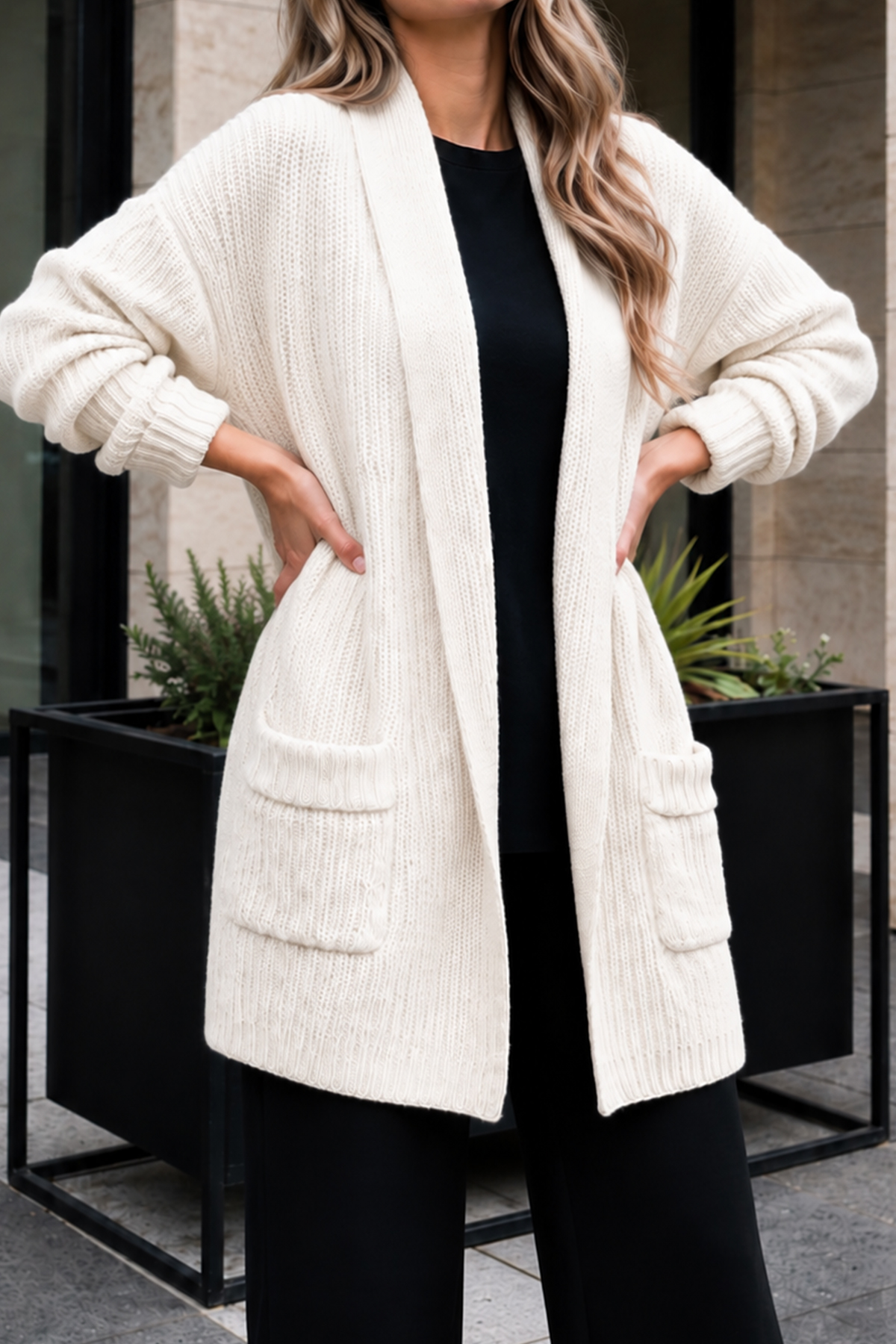 Pocketed Knit Cardigan R4596 Ecru