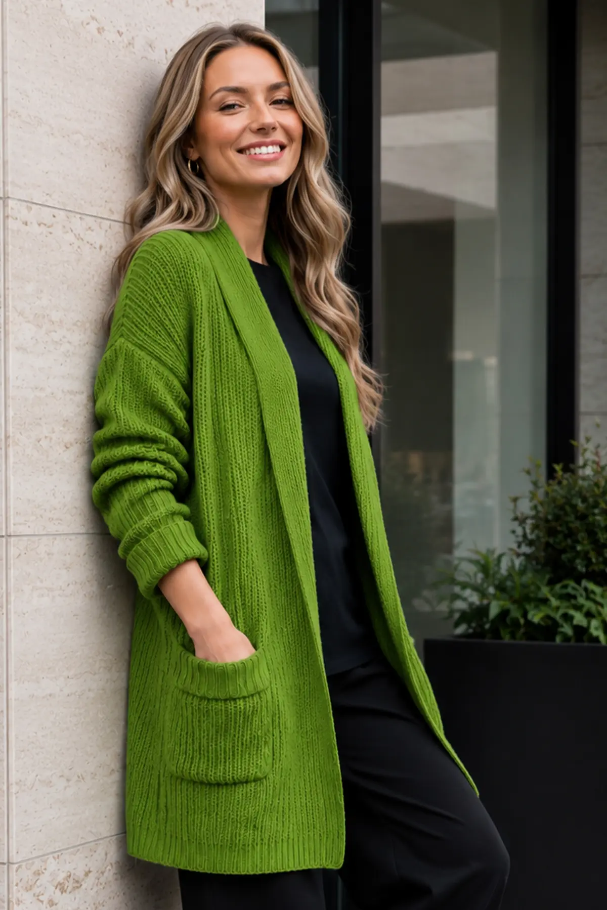 Pocketed Knit Cardigan R4596 Green-detail