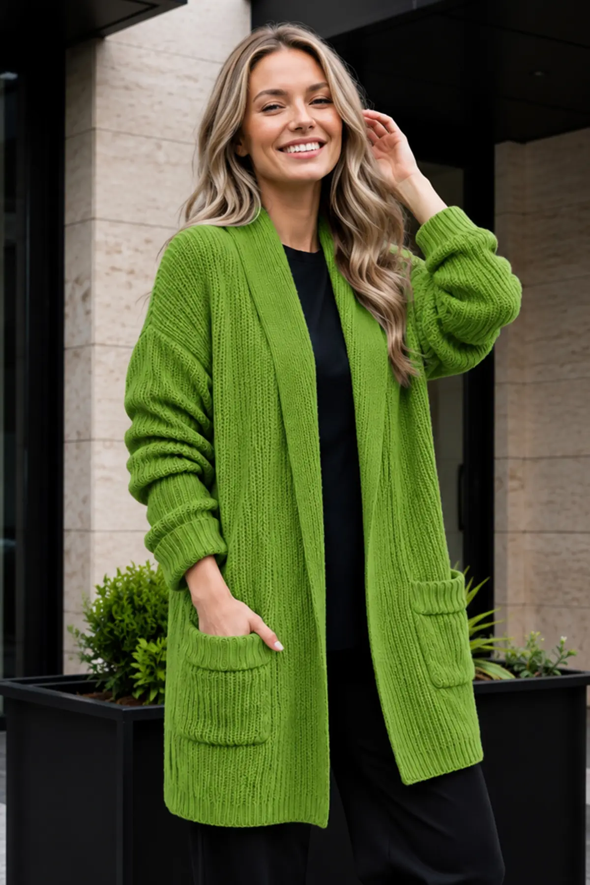 Pocketed Knit Cardigan R4596 Green-detail