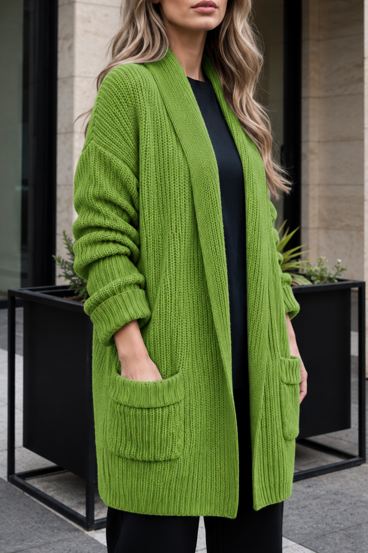 Pocketed Knit Cardigan R4596 Green